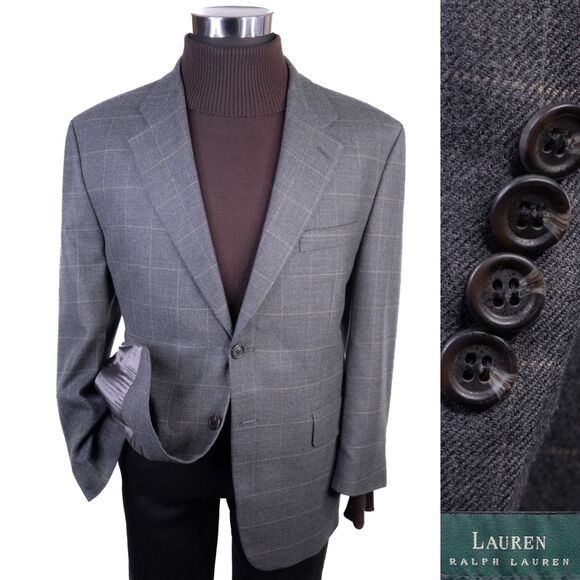 RALPH LAUREN Blazer Sport Coat Casual Jacket Size 42S Wool/Cashmere Windowpane - Picture 1 of 15